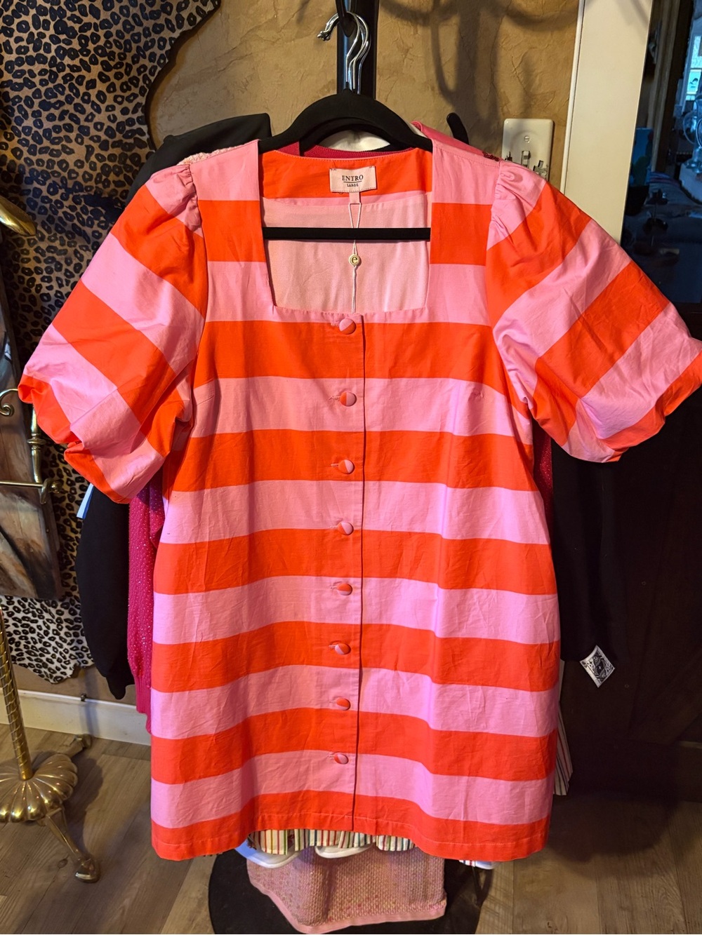 Entro Pink and Orange Striped Button-Front Tunic Dress